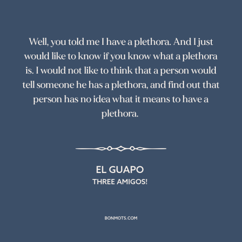 A quote from Three Amigos! about meaning of words: “Well, you told me I have a plethora. And I just would like to…”