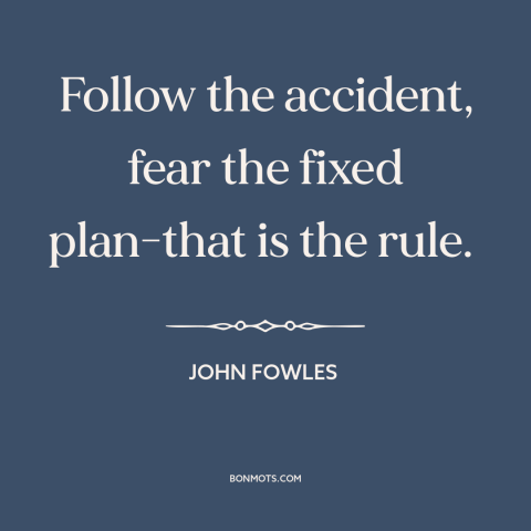 A quote by John Fowles about serendipity: “Follow the accident, fear the fixed plan-that is the rule.”
