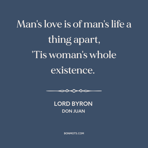 A quote by Lord Byron about men and women: “Man's love is of man's life a thing apart, 'Tis woman's whole existence.”