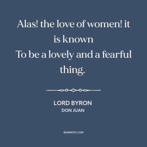 A quote by Lord Byron about men and women: “Alas! the love of women! it is known To be a lovely and a fearful thing.”