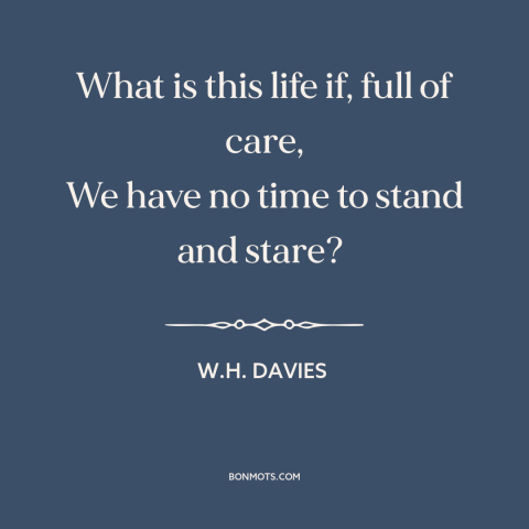 A quote by W.H. Davies about taking one's time: “What is this life if, full of care, We have no time to stand…”
