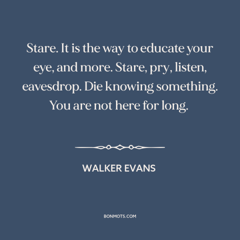 A quote by Walker Evans about paying attention: “Stare. It is the way to educate your eye, and more. Stare, pry, listen…”