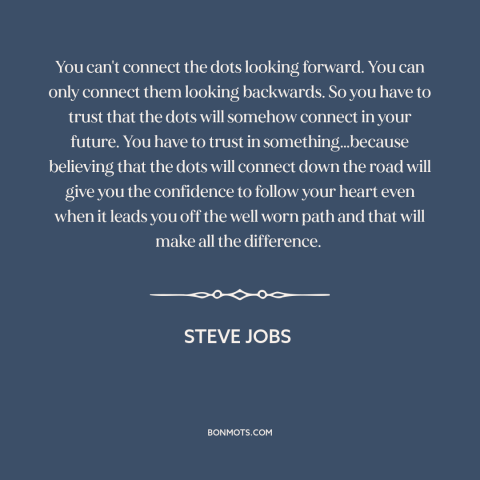 A quote by Steve Jobs about in retrospect: “You can't connect the dots looking forward. You can only connect…”