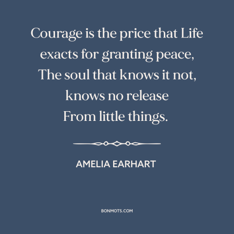 A quote by Amelia Earhart about courage: “Courage is the price that Life exacts for granting peace, The soul that knows…”