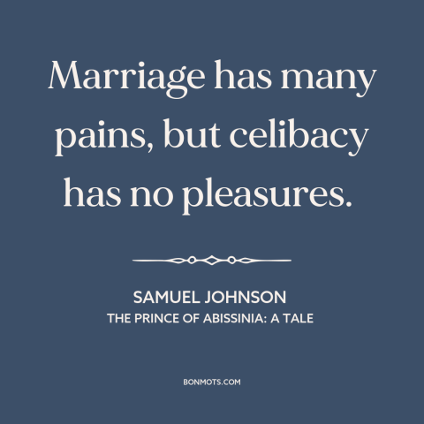 A quote by Samuel Johnson about challenges of marriage: “Marriage has many pains, but celibacy has no pleasures.”