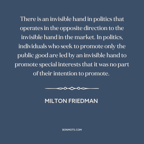 A quote by Milton Friedman about special interests: “There is an invisible hand in politics that operates in the…”