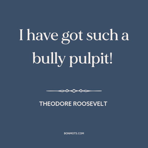 A quote by Theodore Roosevelt about the American presidency: “I have got such a bully pulpit!”