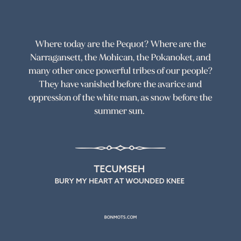 A quote by Tecumseh about us and native american relations: “Where today are the Pequot? Where are the Narragansett…”