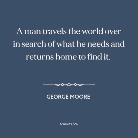 A quote by George Moore about searching for something: “A man travels the world over in search of what he needs and returns…”