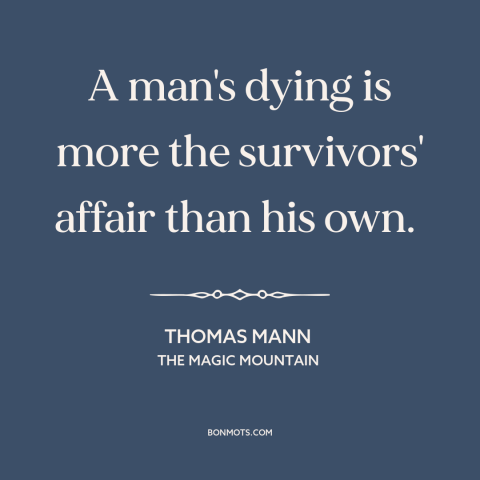 A quote by Thomas Mann about death: “A man's dying is more the survivors' affair than his own.”