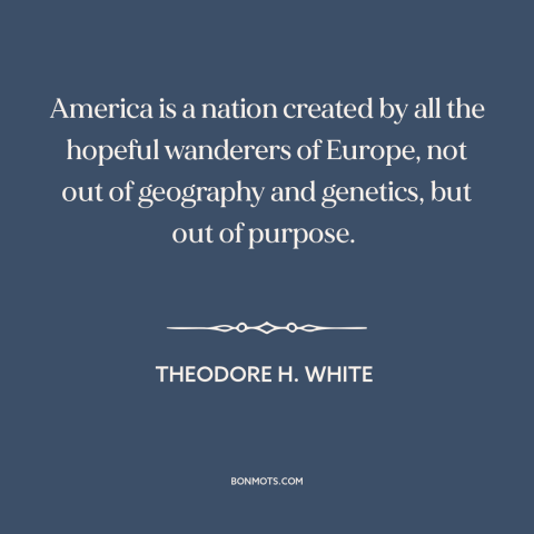 A quote by Theodore H. White about American character: “America is a nation created by all the hopeful wanderers of…”