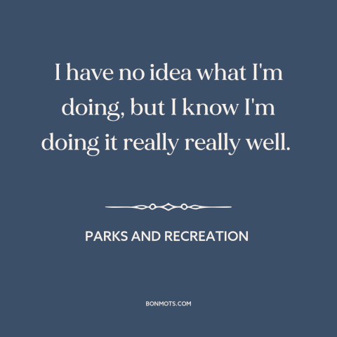 A quote from Parks and Recreation about doing a good job: “I have no idea what I'm doing, but I know I'm doing it really…”