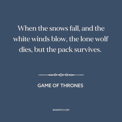 A quote from Game of Thrones about strength in numbers: “When the snows fall, and the white winds blow, the lone wolf…”