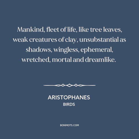 A quote by Aristophanes about ephemeral nature of life: “Mankind, fleet of life, like tree leaves, weak creatures…”