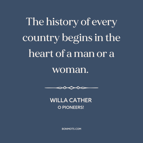 A quote by Willa Cather about nature of history: “The history of every country begins in the heart of a man or a…”