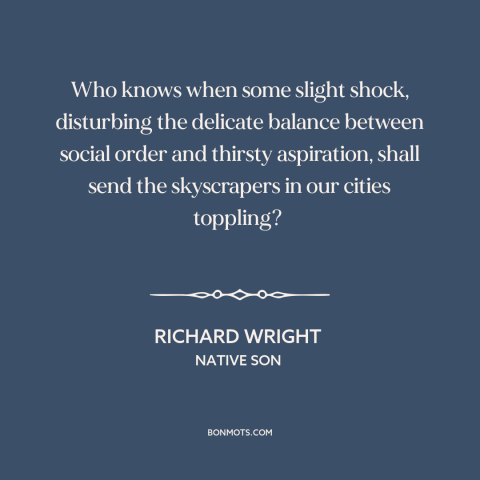 A quote by Richard Wright about riots: “Who knows when some slight shock, disturbing the delicate balance between social…”