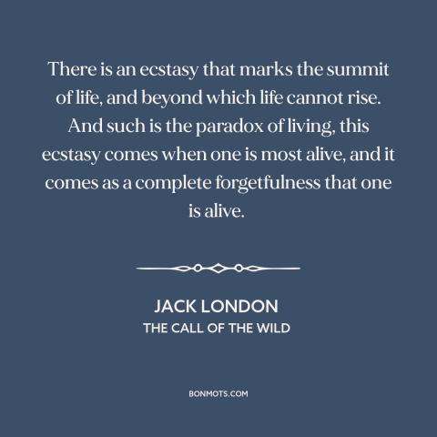 A quote by Jack London about feeling alive: “There is an ecstasy that marks the summit of life, and beyond which life…”