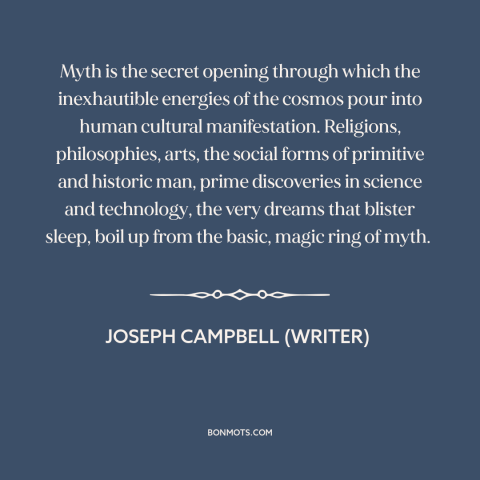 A quote by Joseph Campbell (writer) about myth: “Myth is the secret opening through which the inexhautible energies of…”