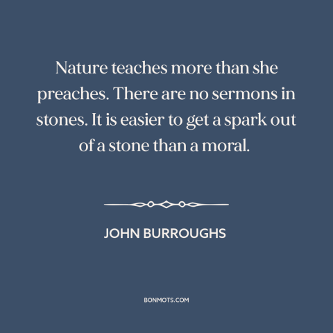 A quote by John Burroughs about learning from nature: “Nature teaches more than she preaches. There are no sermons in…”