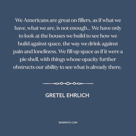 A quote by Gretel Ehrlich about American character: “We Americans are great on fillers, as if what we have, what we are…”