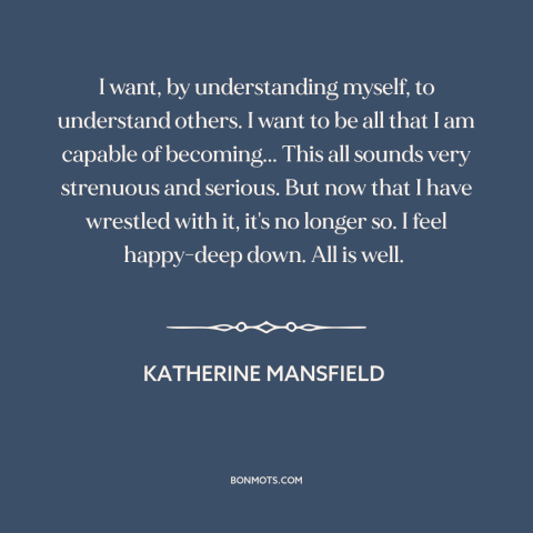 A quote by Katherine Mansfield about understanding oneself: “I want, by understanding myself, to understand others. I want…”