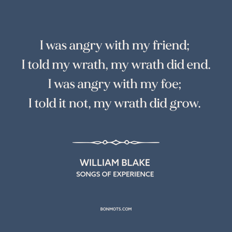 A quote by William Blake about dealing with anger: “I was angry with my friend; I told my wrath, my wrath did…”