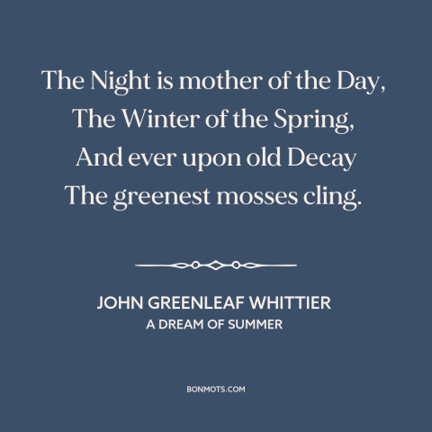 A quote by John Greenleaf Whittier  about night and day: “The Night is mother of the Day, The Winter of the Spring…”