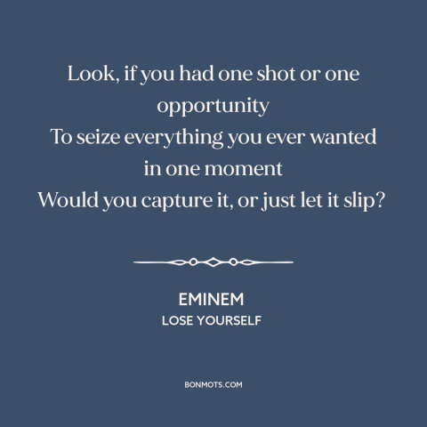 A quote by Eminem about opportunities: “Look, if you had one shot or one opportunity To seize everything you ever…”