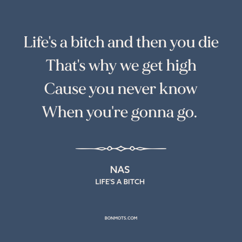 A quote by Nas about the human condition: “Life's a bitch and then you die That's why we get high Cause you…”