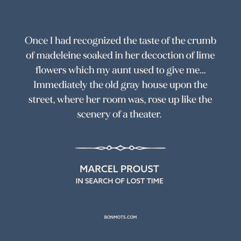 A quote by Marcel Proust about memory: “Once I had recognized the taste of the crumb of madeleine soaked in her…”