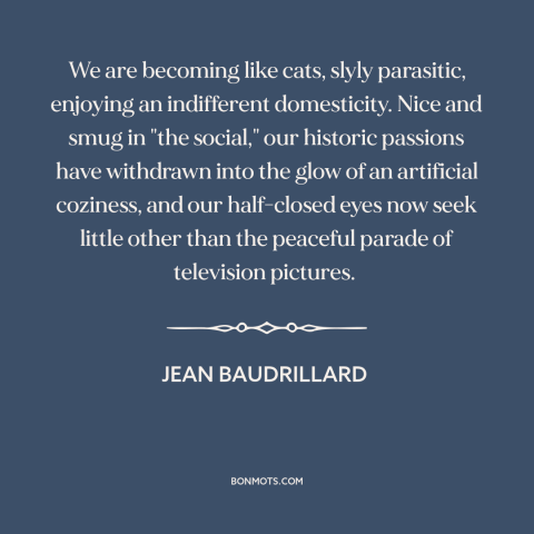 A quote by Jean Baudrillard about modern life: “We are becoming like cats, slyly parasitic, enjoying an indifferent…”