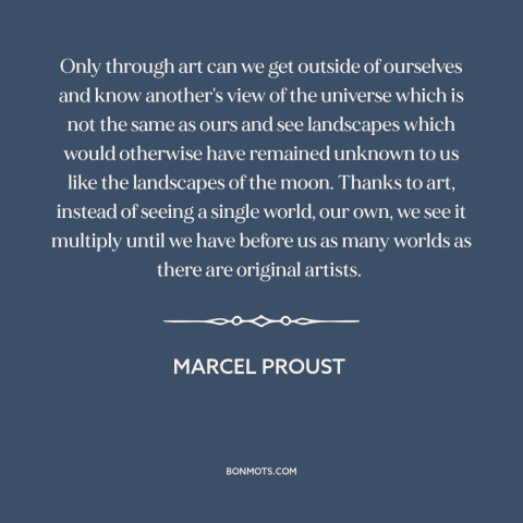 A quote by Marcel Proust about power of art: “Only through art can we get outside of ourselves and know another's view of…”