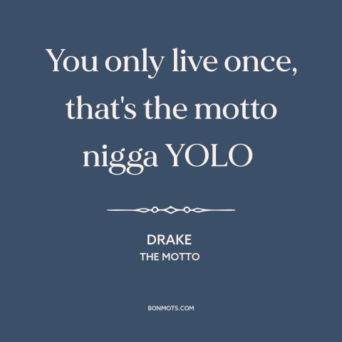 A quote by Drake about living life to the fullest: “You only live once, that's the motto nigga YOLO”