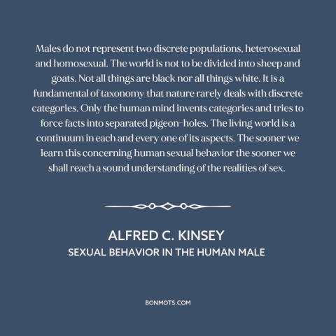 A quote by Alfred C. Kinsey about sexuality: “Males do not represent two discrete populations, heterosexual and homosexual.”