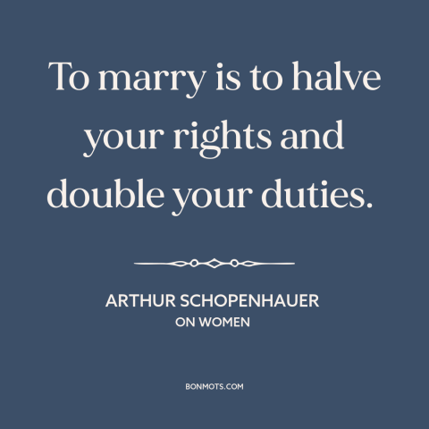 A quote by Arthur Schopenhauer about marriage: “To marry is to halve your rights and double your duties.”