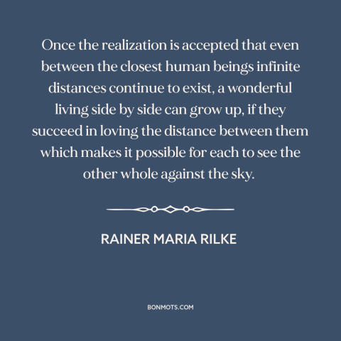 A quote by Rainer Maria Rilke about connecting with others: “Once the realization is accepted that even between…”