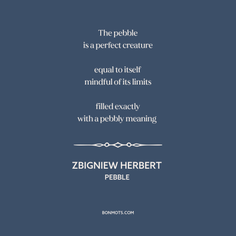 A quote by Zbigniew Herbert about nature: “The pebble is a perfect creature equal to itself mindful of its limits…”