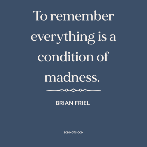 A quote by Brian Friel about memory: “To remember everything is a condition of madness.”