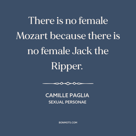 A quote by Camille Paglia about differences between men and women: “There is no female Mozart because there is no female…”