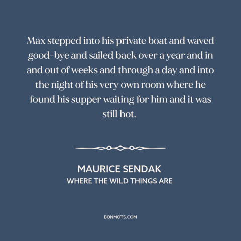 A quote by Maurice Sendak about imagination: “Max stepped into his private boat and waved good-bye and sailed back over a…”