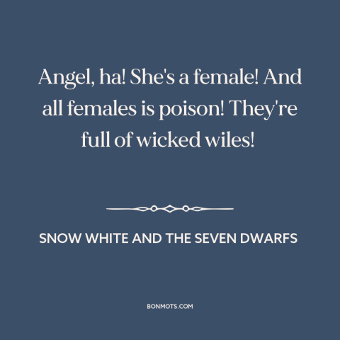 A quote from Snow White and the Seven Dwarfs about dangers of women: “Angel, ha! She's a female! And all females is poison!”