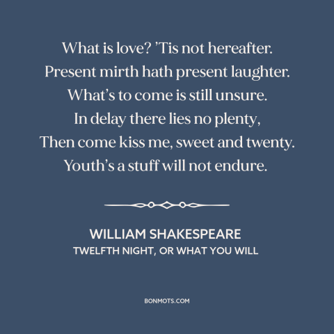 A quote by William Shakespeare about living in the moment: “What is love? ’Tis not hereafter. Present mirth hath…”