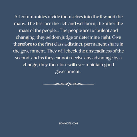 A quote by Alexander Hamilton about the masses: “All communities divide themselves into the few and the many. The first are…”