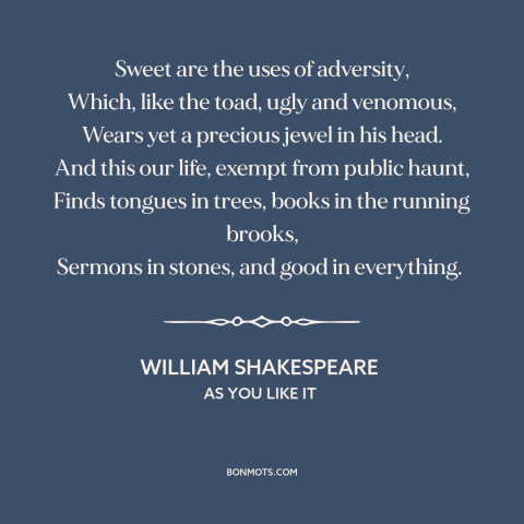 A quote by William Shakespeare about learning from adversity: “Sweet are the uses of adversity, Which, like the toad…”