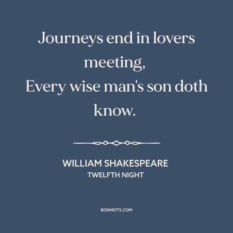 A quote by William Shakespeare about end of a journey: “Journeys end in lovers meeting, Every wise man's son doth know.”