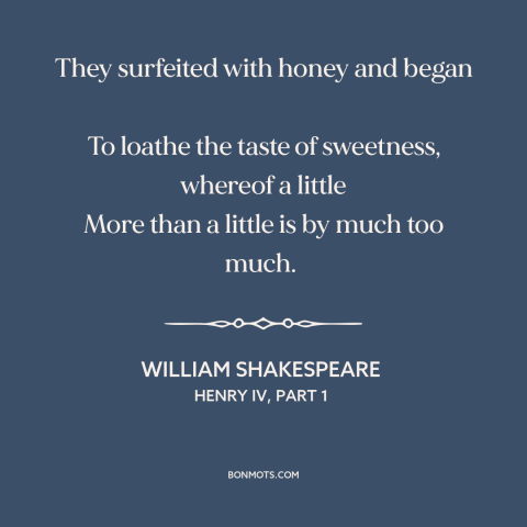 A quote by William Shakespeare about excess: “They surfeited with honey and began To loathe the taste of sweetness, whereof…”