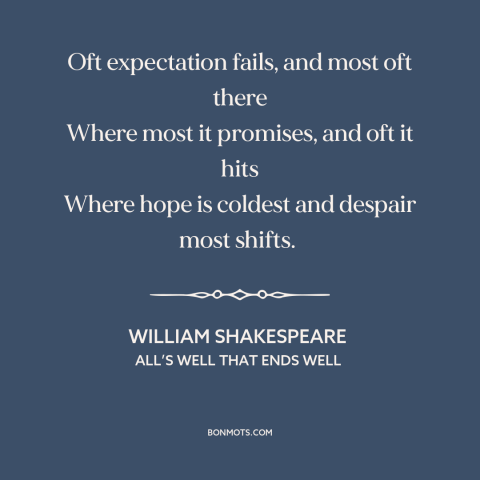 A quote by William Shakespeare about hope: “Oft expectation fails, and most oft there Where most it promises, and oft it…”