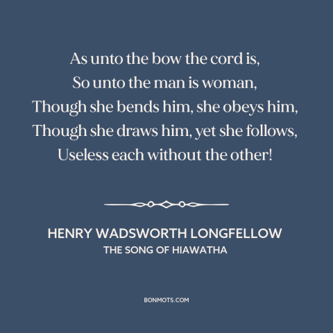 A quote by Henry Wadsworth Longfellow  about gender relations: “As unto the bow the cord is, So unto the man is woman…”