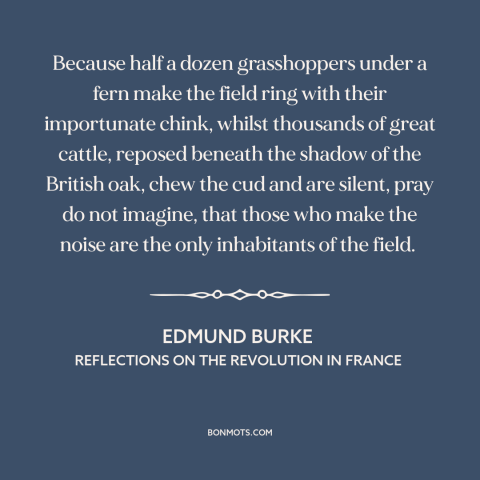 A quote by Edmund Burke about political agitation: “Because half a dozen grasshoppers under a fern make the field ring…”