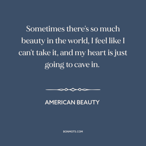 A quote from American Beauty about beauty: “Sometimes there's so much beauty in the world, I feel like I can't take…”